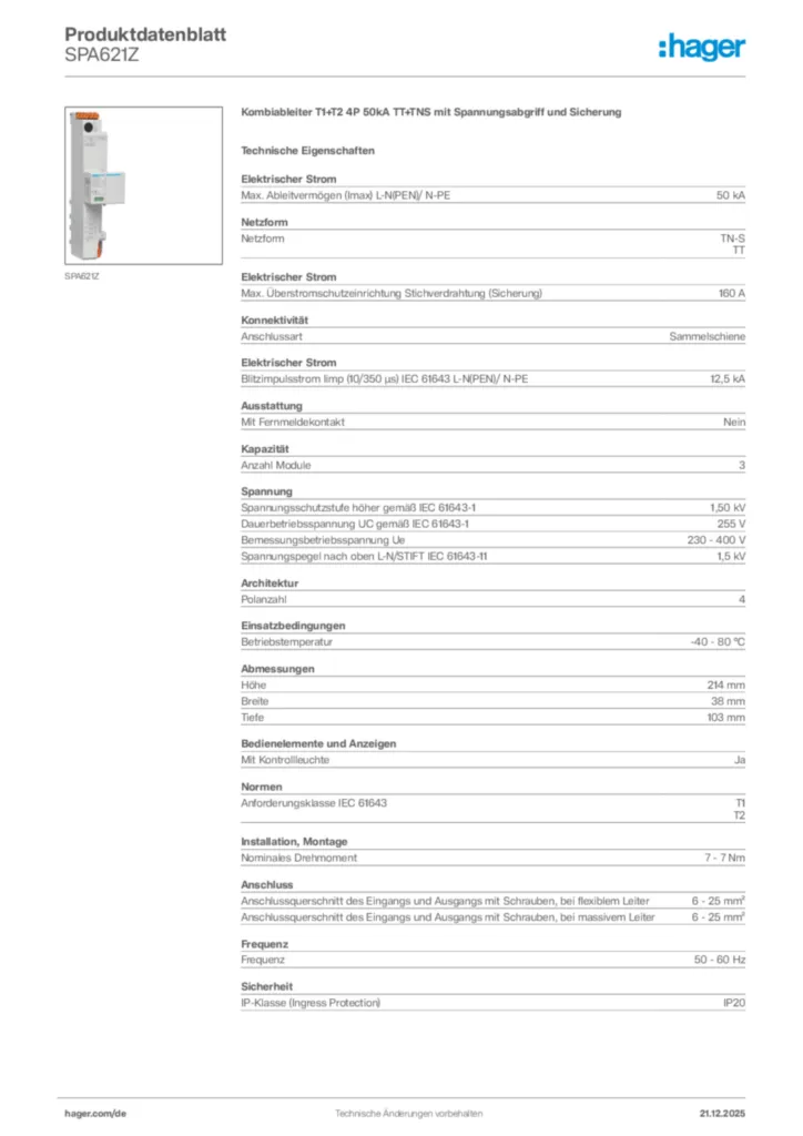 Bild Hager Produktdatenblatt SPA621Z | Hager Deutschland