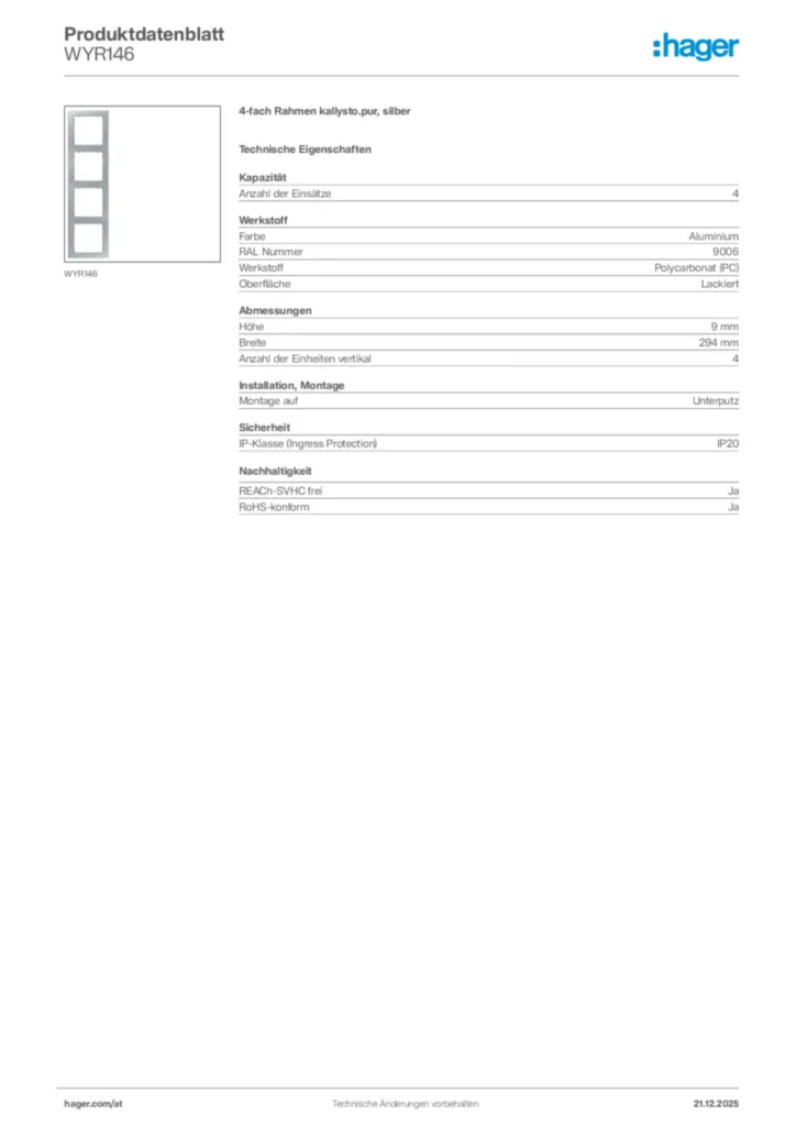 Bild Hager Produktdatenblatt WYR146 | Hager Deutschland