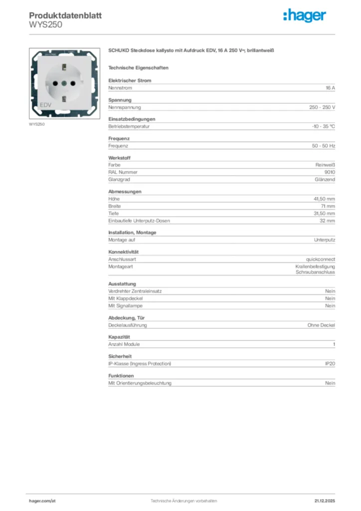 Bild Hager Produktdatenblatt WYS250 | Hager Deutschland