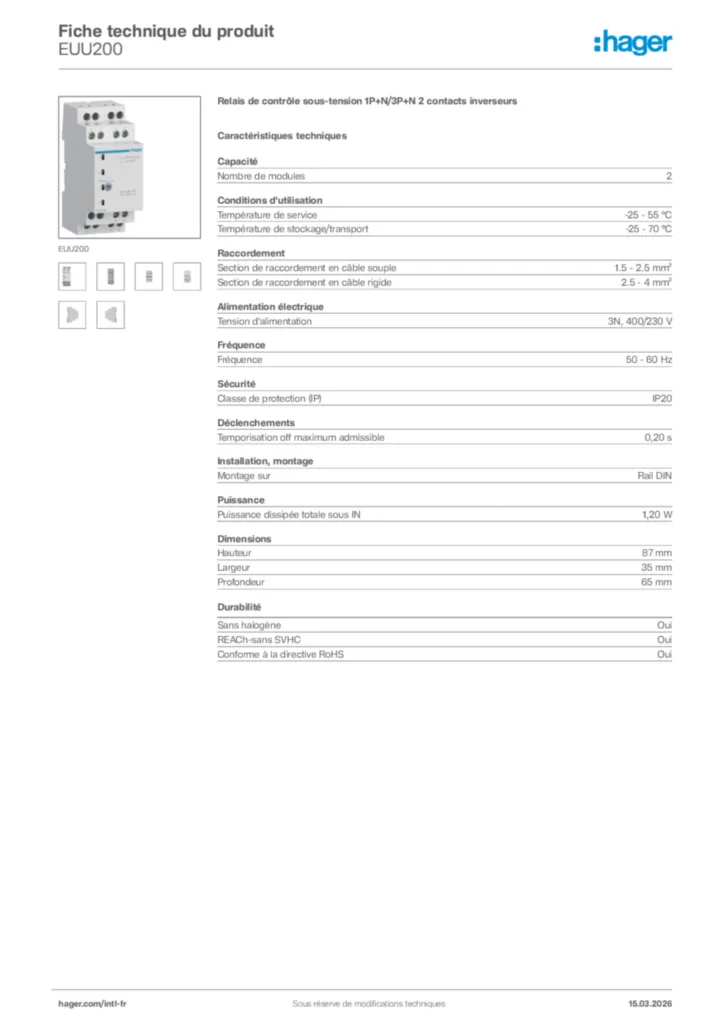 Image Hager Fiche technique du produit EUU200 | Hager Afrique