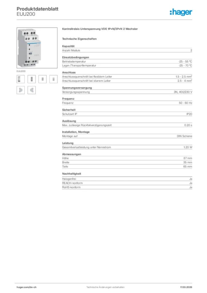 Bild Hager Produktdatenblatt EUU200 | Hager Schweiz