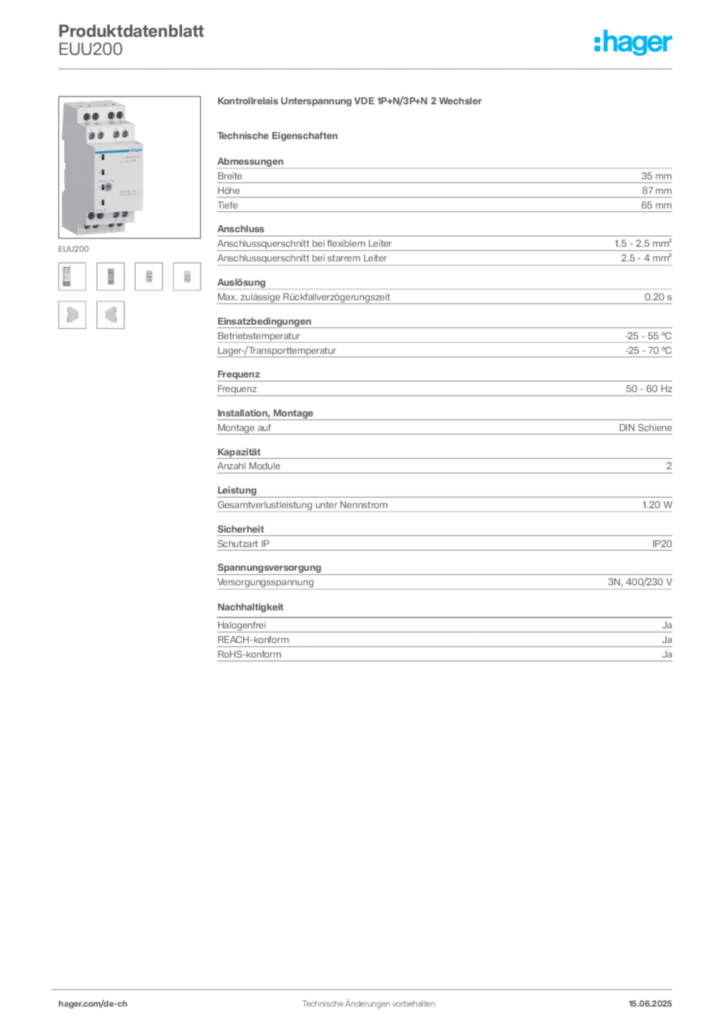 Bild Hager Produktdatenblatt EUU200 | Hager Schweiz