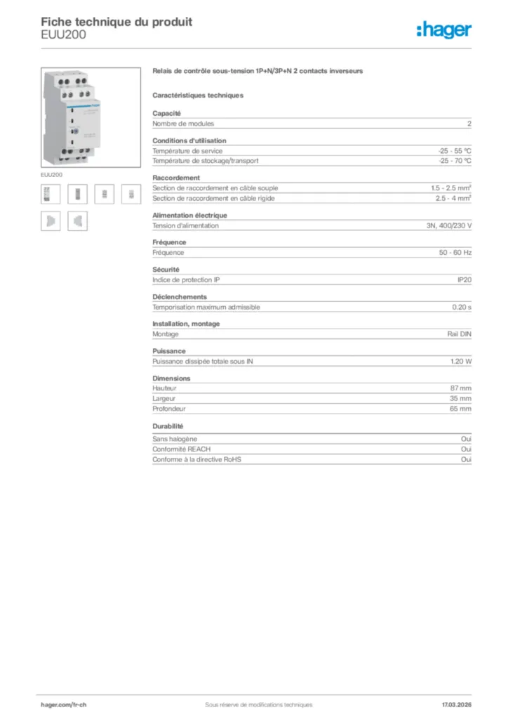 Image Hager Fiche technique du produit EUU200 | Hager Suisse