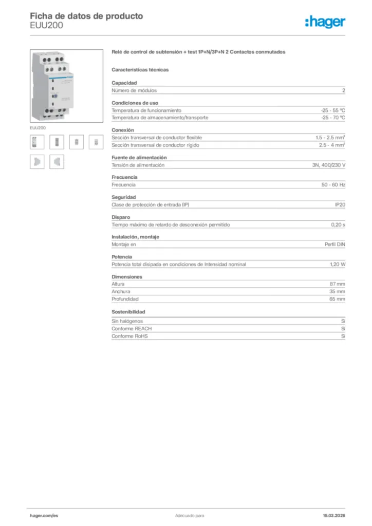 Imagen Hager Ficha de datos de producto EUU200 | Hager España