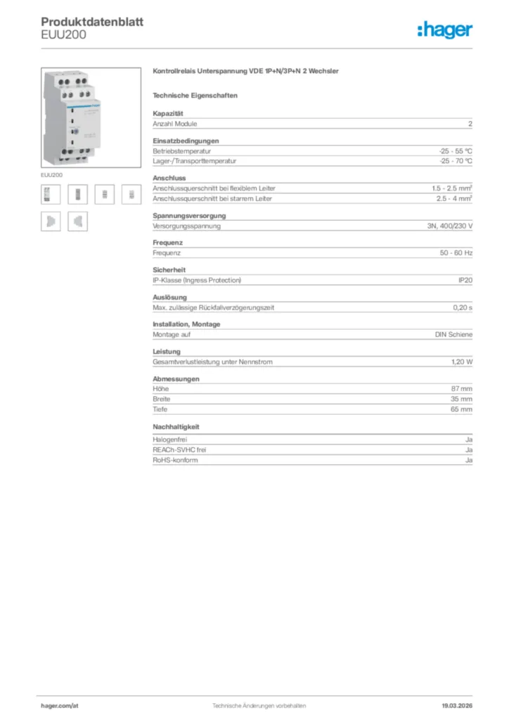 Bild Hager Produktdatenblatt EUU200 | Hager Deutschland