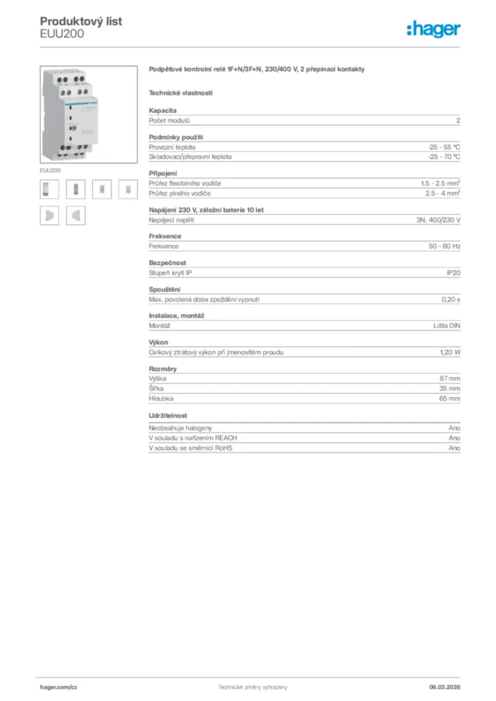 Obrázek Hager Product data sheet EUU200 | Hager