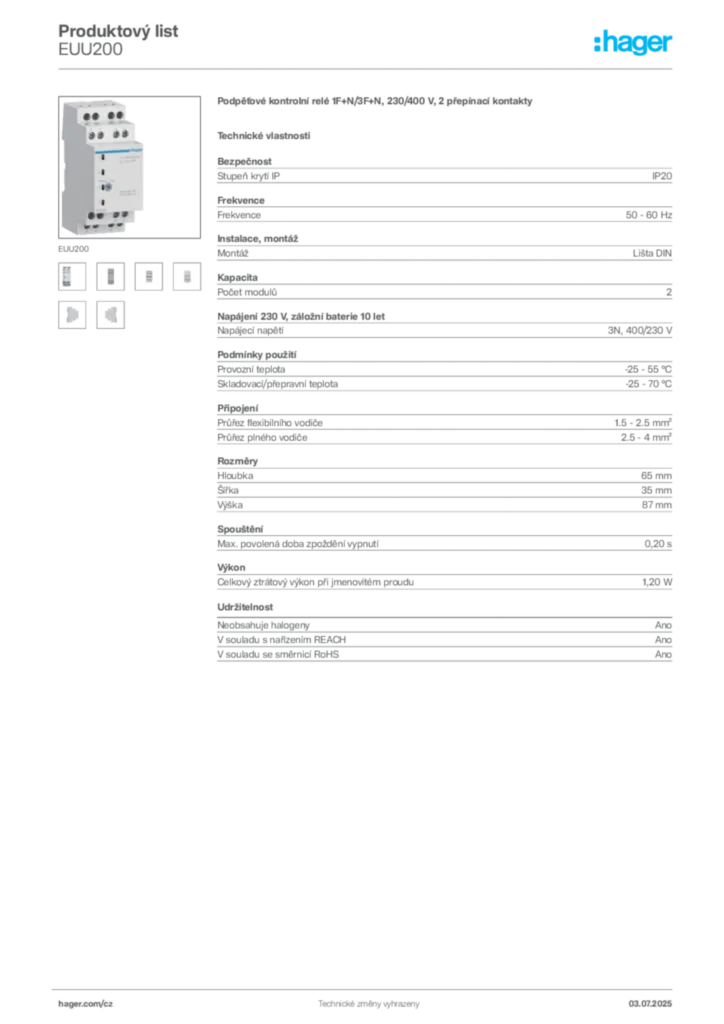 Obrázek Hager Produktový list EUU200 | Hager