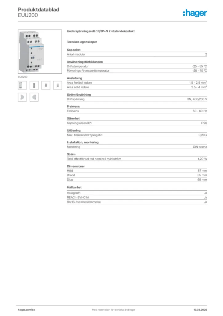 Bild Hager Produktdatablad EUU200 | Hager Sverige