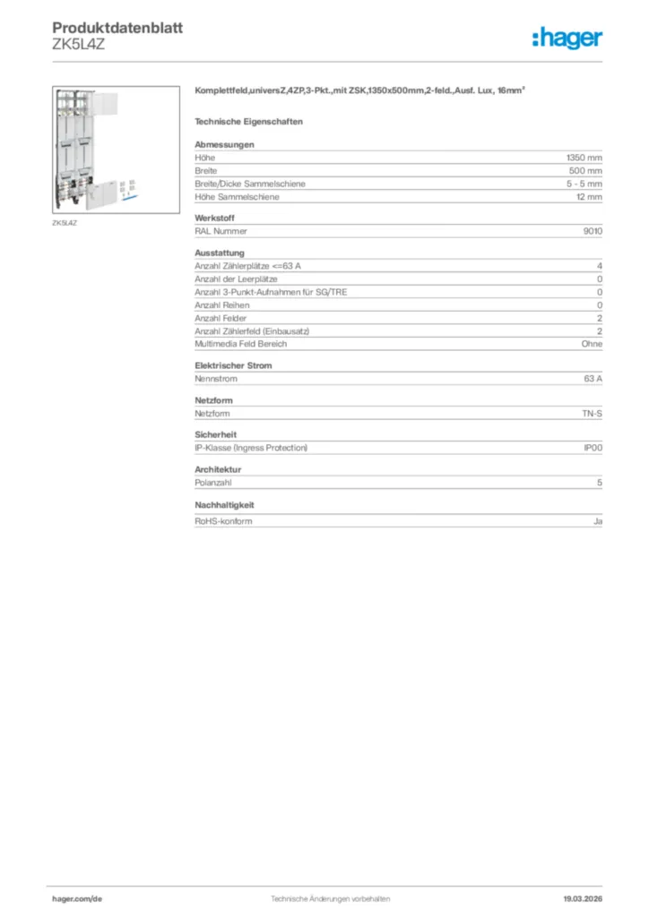 Bild Hager Produktdatenblatt ZK5L4Z | Hager Deutschland