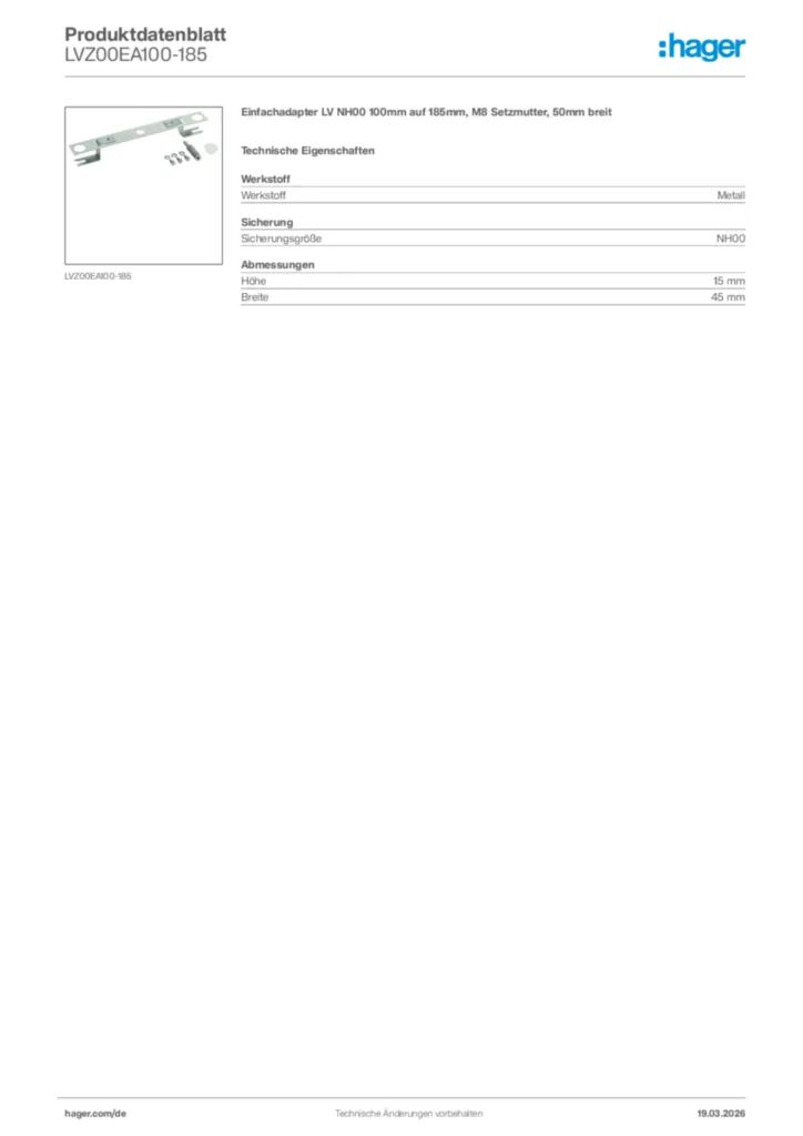 Bild Hager Produktdatenblatt LVZ00EA100-185 | Hager Deutschland