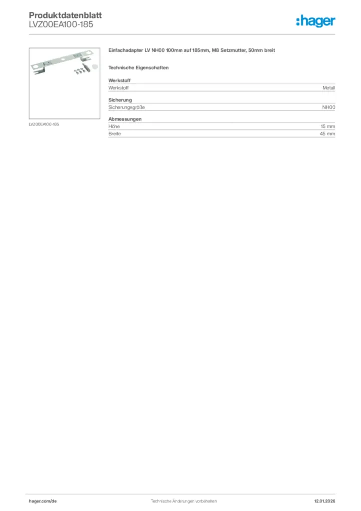 Bild Hager Produktdatenblatt LVZ00EA100-185 | Hager Deutschland