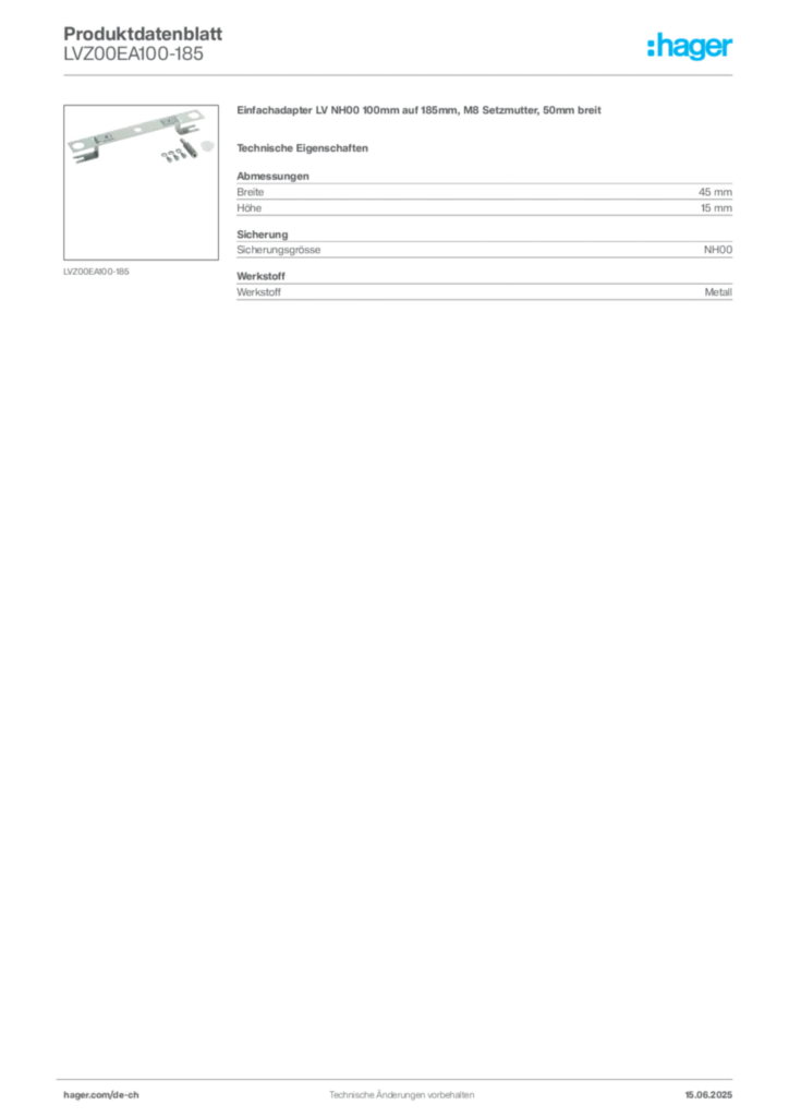 Bild Hager Produktdatenblatt LVZ00EA100-185 | Hager Schweiz