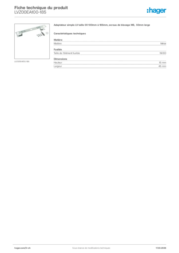 Image Hager Fiche technique du produit LVZ00EA100-185 | Hager Suisse