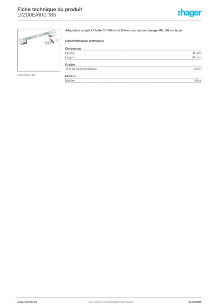 Image Hager Fiche technique du produit LVZ00EA100-185 | Hager Suisse