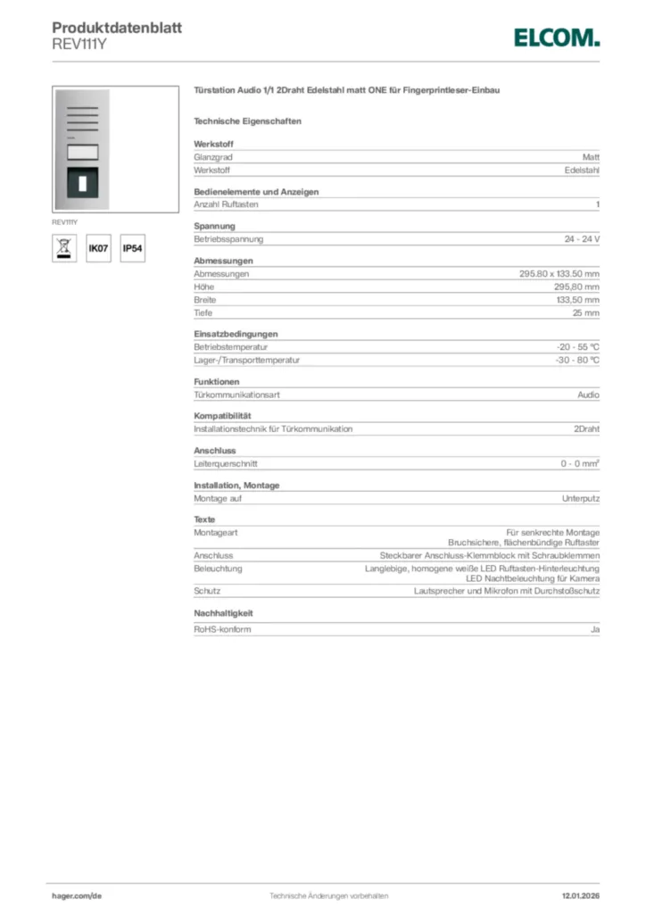 Bild Elcom Produktdatenblatt REV111Y | Hager Deutschland