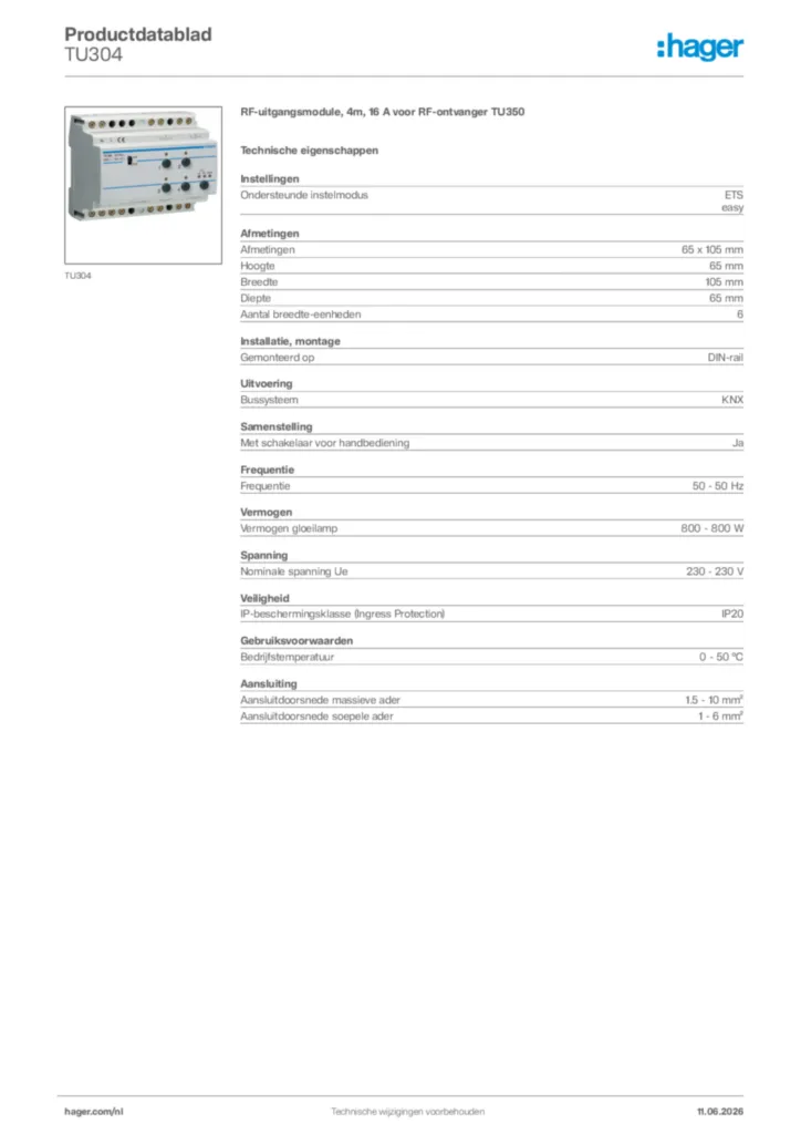 Afbeelding Hager Productdatablad TU304 | Hager Nederland
