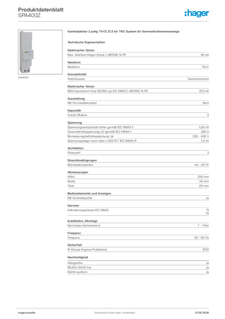Bild Hager Produktdatenblatt SPA400Z | Hager Deutschland