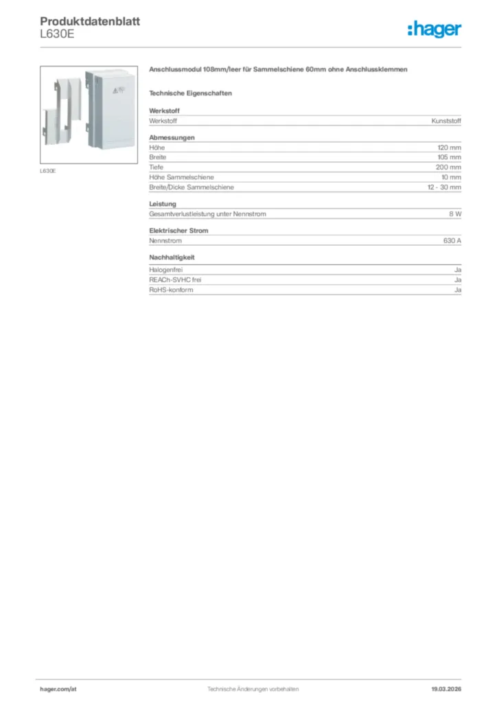 Bild Hager Produktdatenblatt L630E | Hager Deutschland