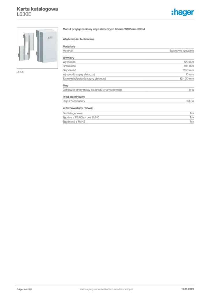 Zdjęcie Hager Karta katalogowa L630E | Hager Polska