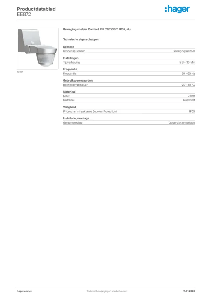 Afbeelding Hager Productdatablad EE872 | Hager Nederland
