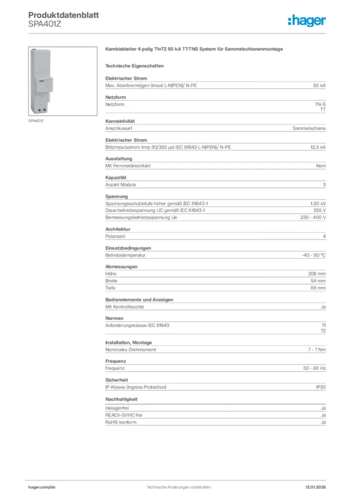 Bild Hager Produktdatenblatt SPA401Z | Hager Deutschland