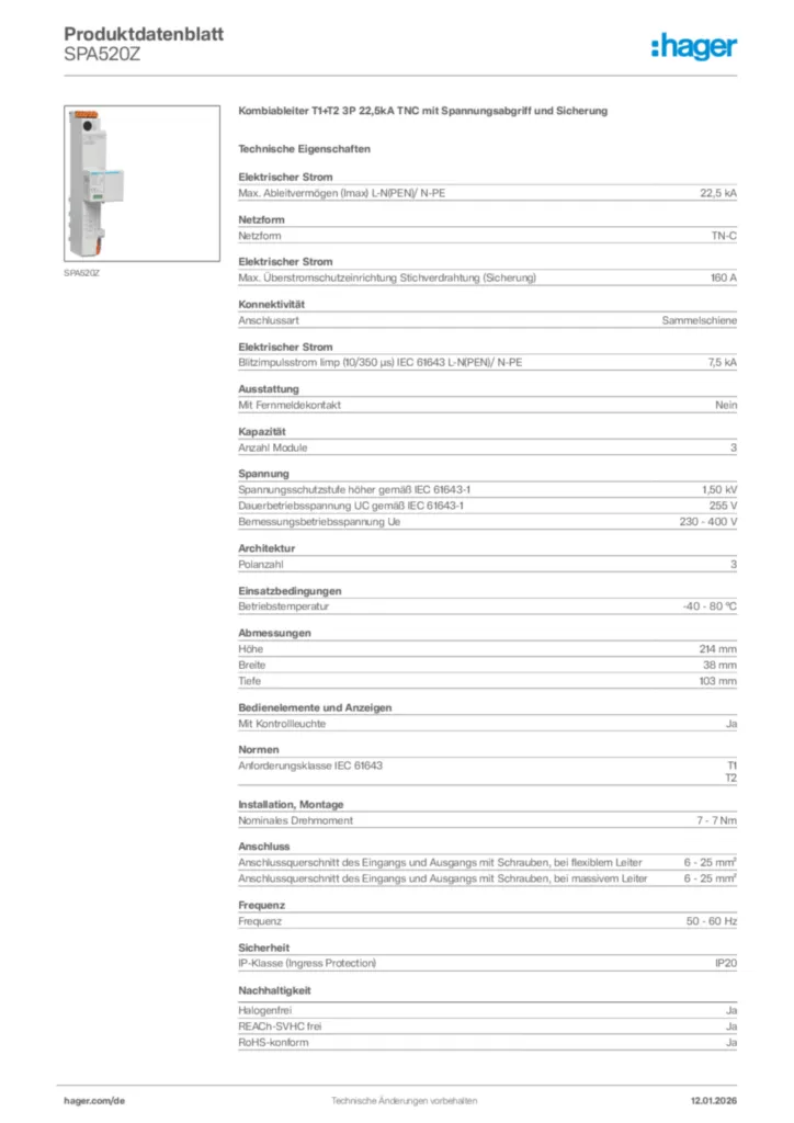 Bild Hager Produktdatenblatt SPA520Z | Hager Deutschland
