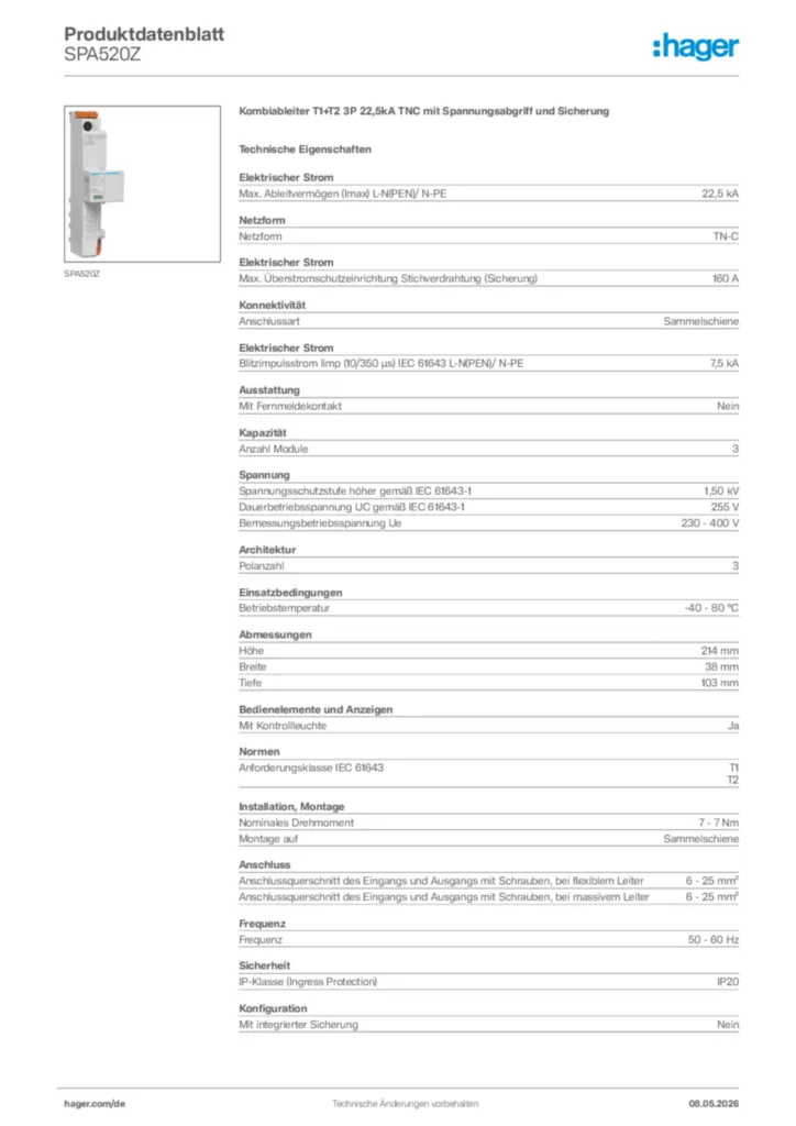 Bild Hager Produktdatenblatt SPA520Z | Hager Deutschland