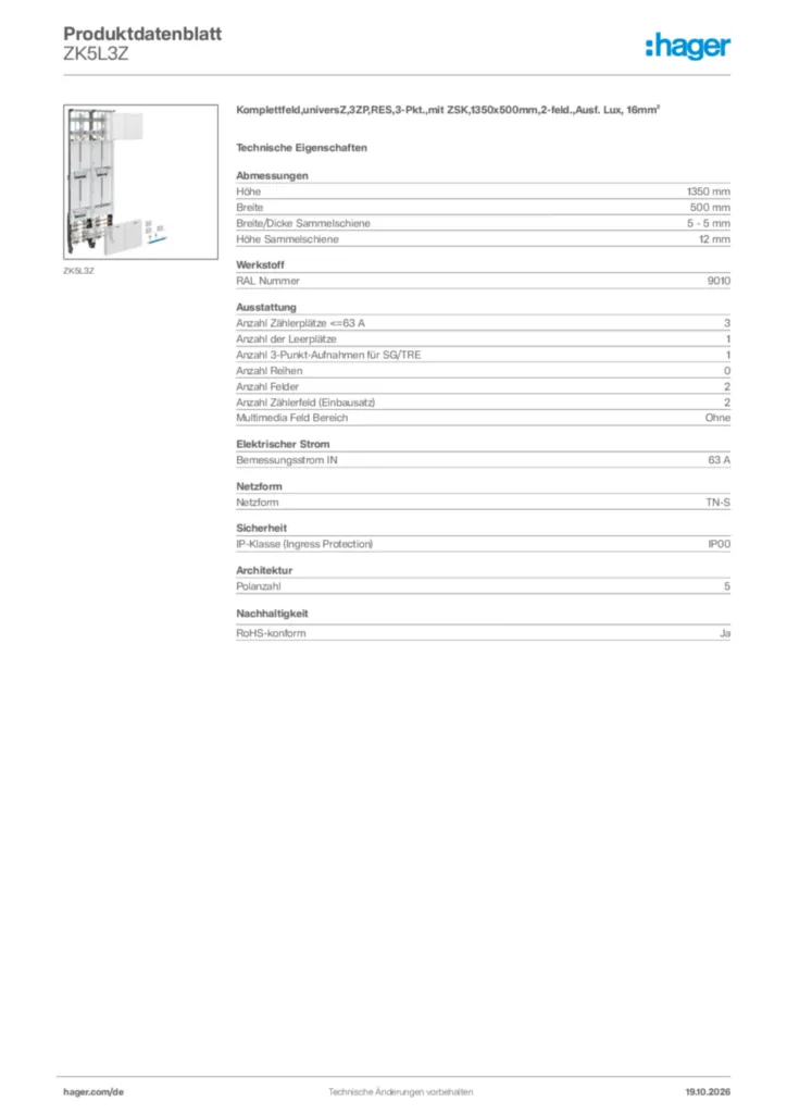 Bild Hager Produktdatenblatt ZK5L3Z | Hager Deutschland