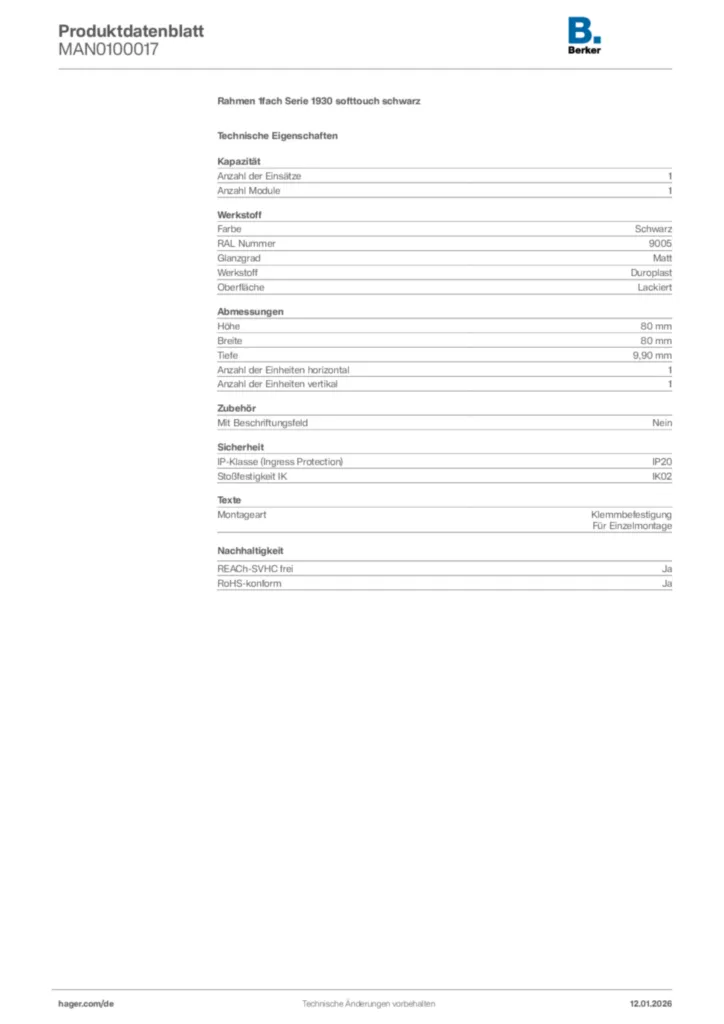 Bild Berker Produktdatenblatt MAN0100017 | Hager Deutschland