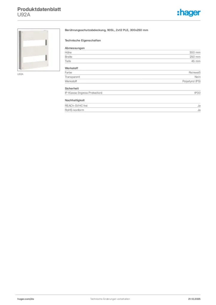 Bild Hager Produktdatenblatt U92A | Hager Deutschland