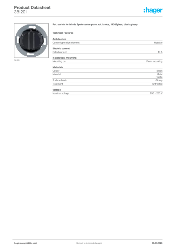 Image Hager Product data sheet 381201  | Hager