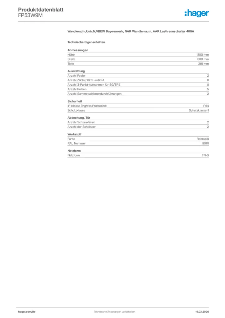Bild Hager Produktdatenblatt FP53W9M | Hager Deutschland