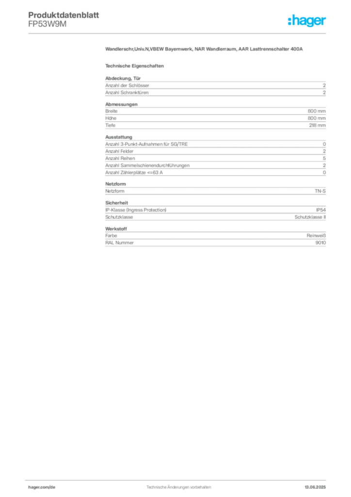 Bild Hager Produktdatenblatt FP53W9M | Hager Deutschland