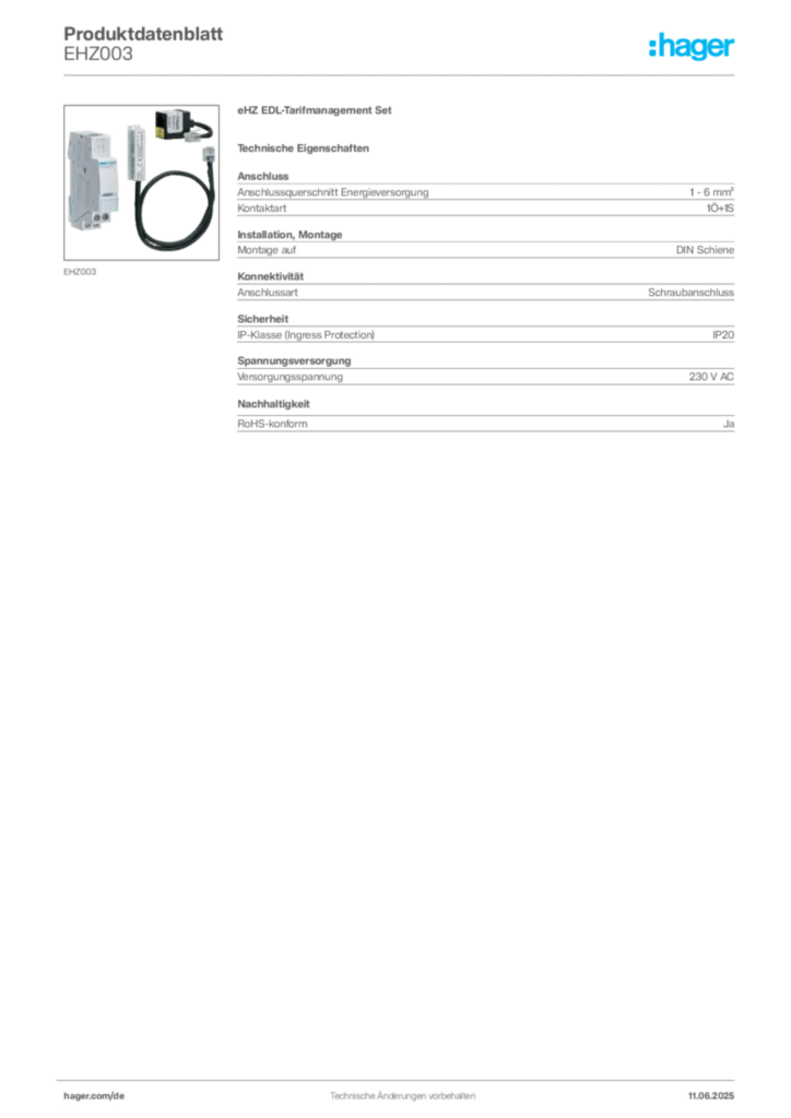 Hager Produktdatenblatt EHZ003