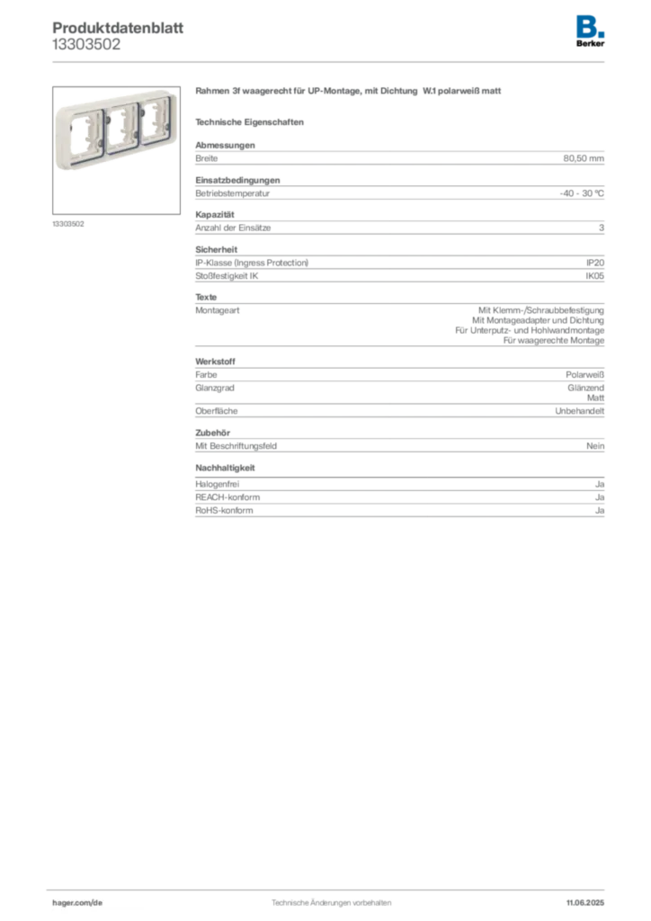 Bild Berker Produktdatenblatt 13303502 | Hager Deutschland