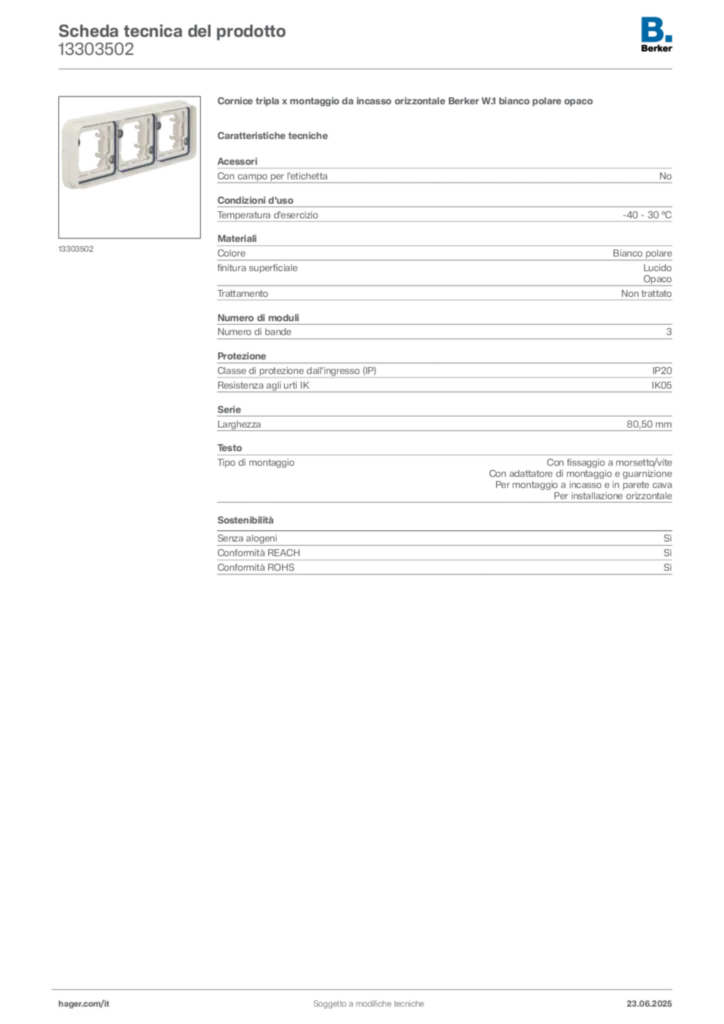 Immagine Berker Scheda tecnica del prodotto 13303502 | Hager Italia