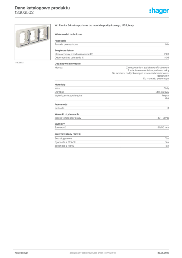 Zdjęcie Hager Dane katalogowe produktu 13303502 | Hager Polska