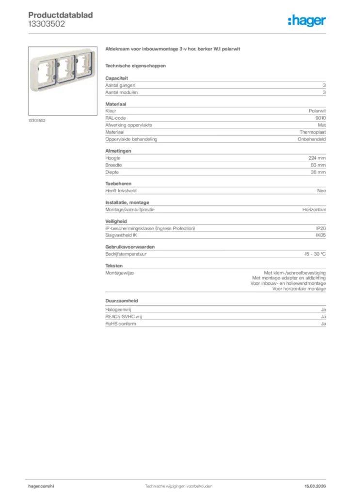 Afbeelding Hager Productdatablad 13303502 | Hager Nederland
