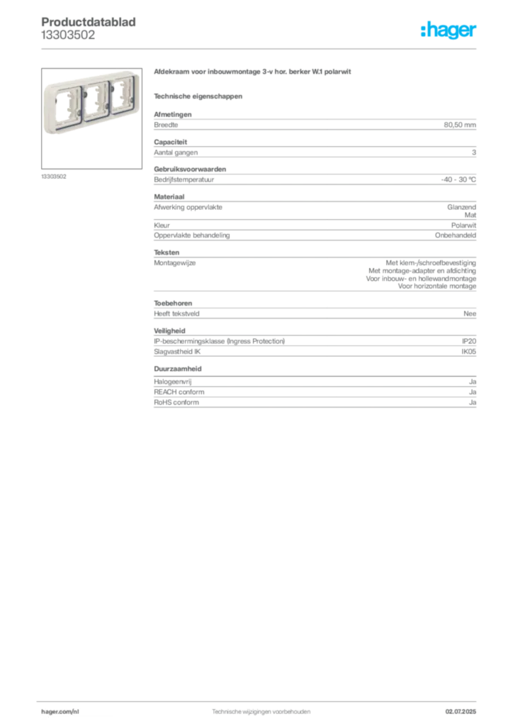 Afbeelding Hager Productdatablad 13303502 | Hager Nederland
