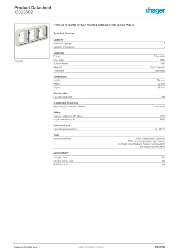 Image Hager Product data sheet 13303502  | Hager