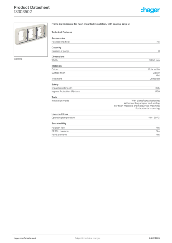 Image Hager Product data sheet 13303502  | Hager
