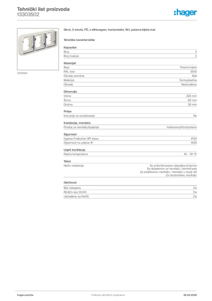 Slika Hager Tehnički list proizvoda 13303502  | Hager