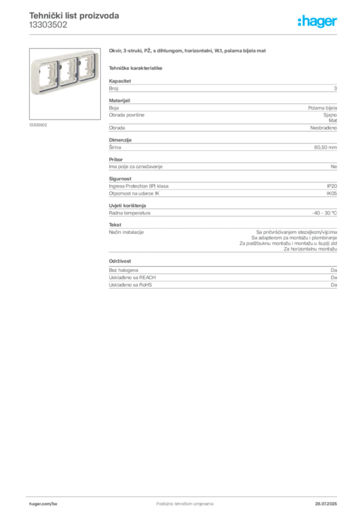 Slika Hager Product data sheet 13303502  | Hager