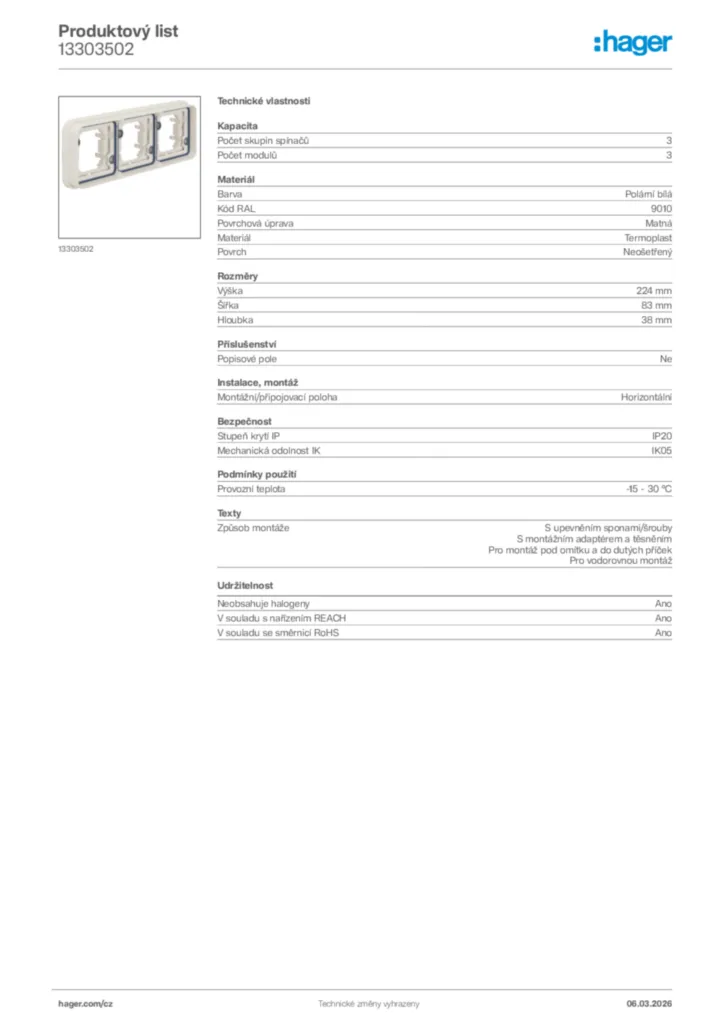 Obrázek Hager Product data sheet 13303502 | Hager