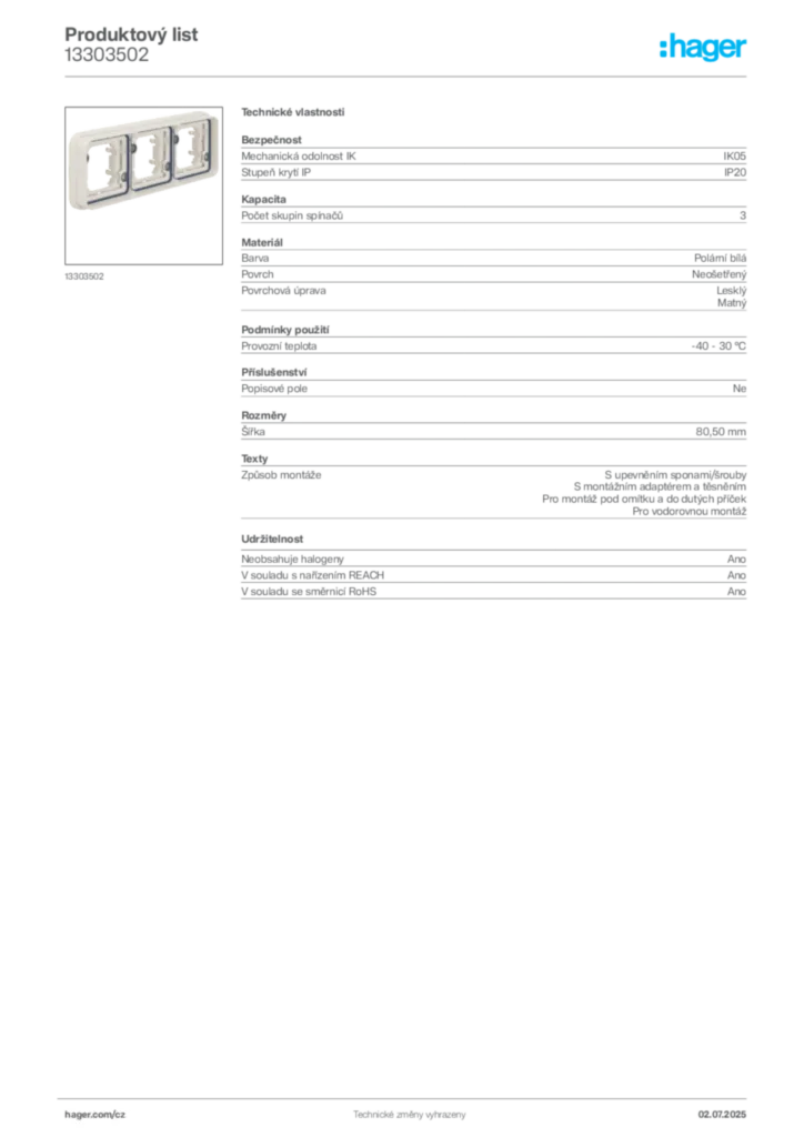 Obrázek Hager Produktový list 13303502 | Hager