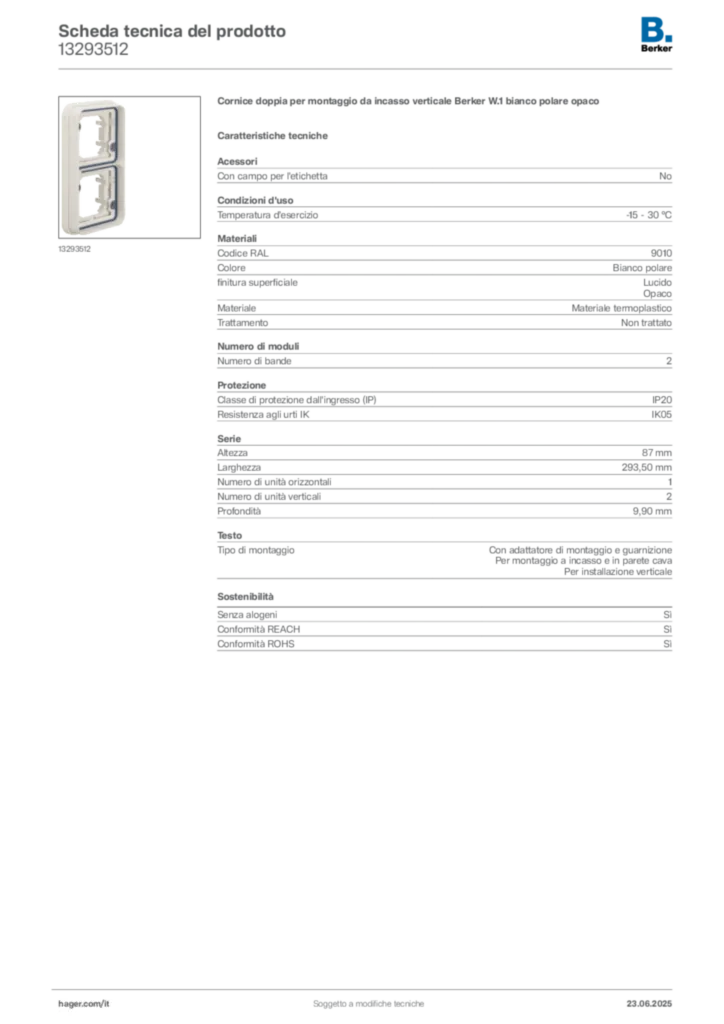 Immagine Berker Scheda tecnica del prodotto 13293512 | Hager Italia