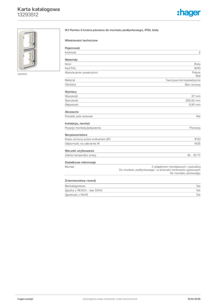 Zdjęcie Hager Karta katalogowa 13293512 | Hager Polska