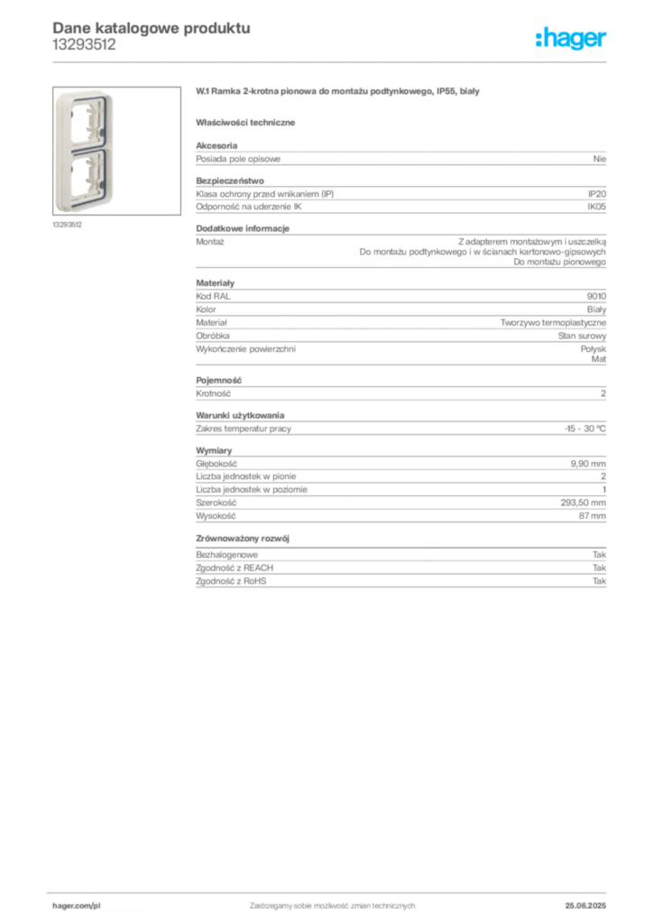 Zdjęcie Hager Dane katalogowe produktu 13293512 | Hager Polska
