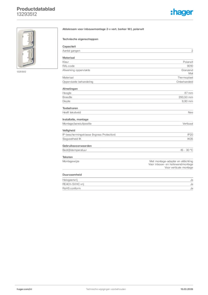 Afbeelding Hager Productdatablad 13293512 | Hager Nederland