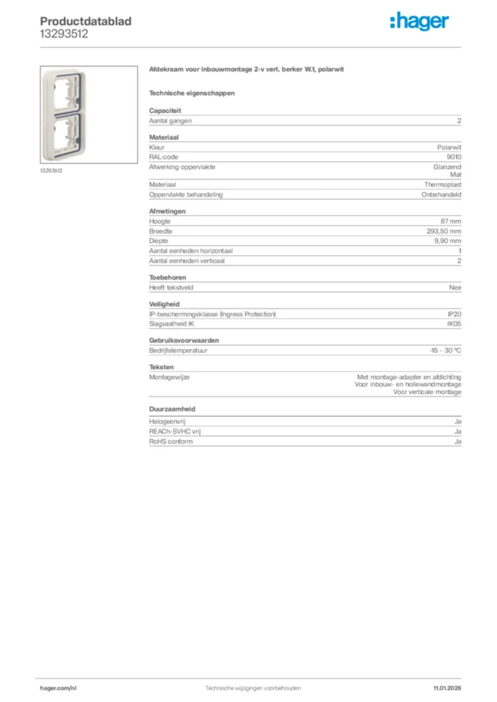 Afbeelding Hager Productdatablad 13293512 | Hager Nederland